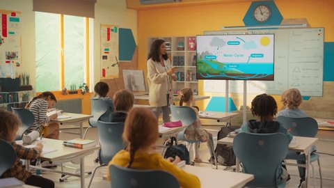 Primary School Children Learning Basic Information About Water Cycles: Geography Teacher Educating Smart Diverse Kids in a Modern Colorful Classroom. Schoolchildren Understanding Weather Factors Video Stok