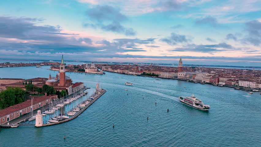 4K aerial drone view of Venice grand canal cathedral church