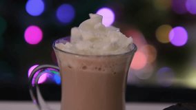 cream hot chocolate Stirring Thick Foam Of Hot Coffee Latte With Spoon In A Glass Cup. - Powered by Shutterstock - Get 15% off with code: PIKWIZARD15