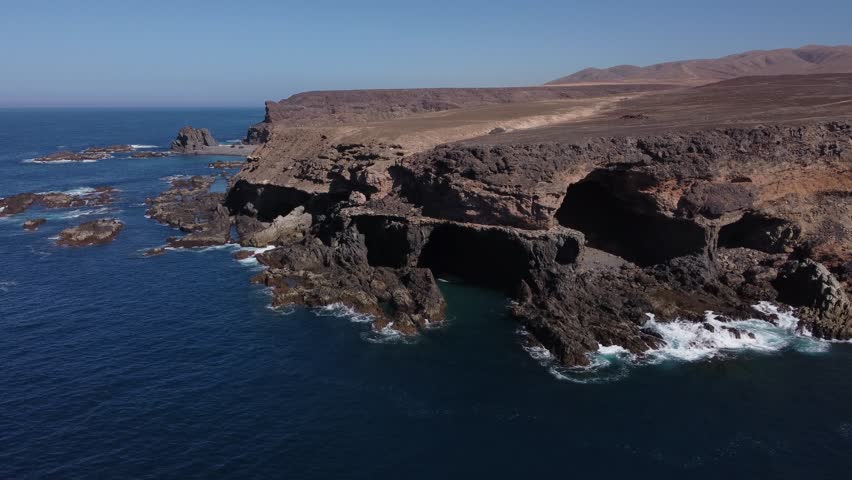 beautiful aerial shot of the Ajuy caves on the coast of Fuerteventura, Spain