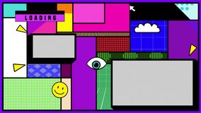 cartoon colorful abstract blocks with different pattern. Retro old school in modern style video collage. Black border