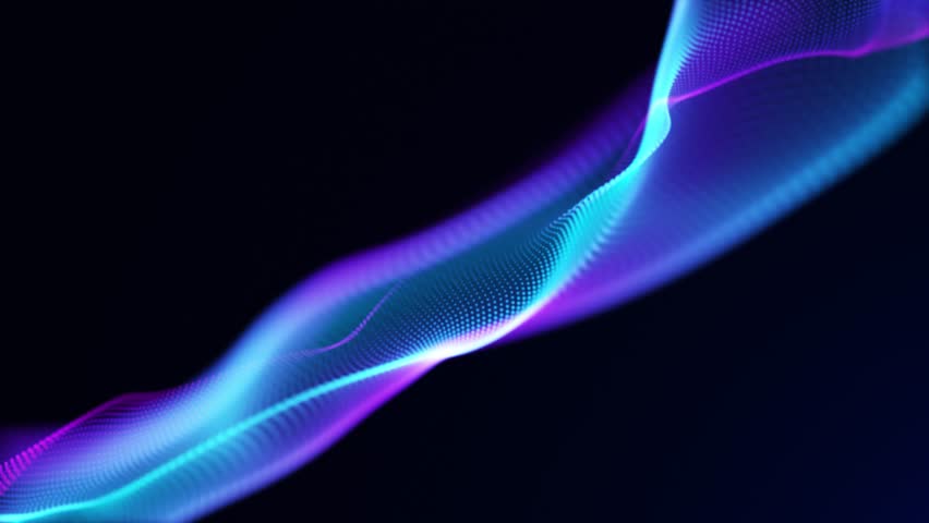 Abstract digital dynamic particle waves with light motion lights background, data flow, cyber technology. 3D rendering. Seamless loop 4k video. Screensaver video animation	
