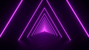 Abstract purple neon seamless loop video in a style of 80's, moving through triangular tunnel, glowing purple shapes.