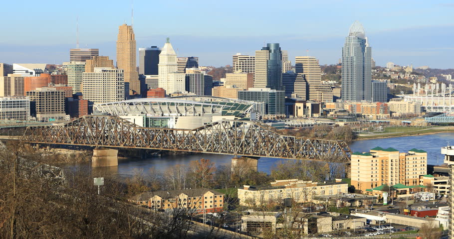 Wide view of the Cincinnati, Ohio skyline 4K