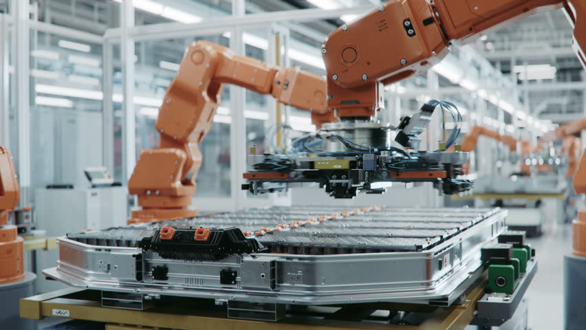 Time-lapse of Orange Robot Arms on Automated Production Line with. Battery Manufacturing Line Equipped with Robot Arms. EV Battery Pack for Automotive Industry Assembly. Electric Car Smart Factory.