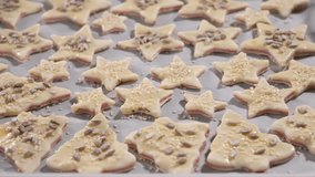 Homemade cookies in the shape of stars made from puff pastry.The camera moves along gingerbread cookies in the form of stars and Christmas trees from right to left, close-up, front view. - Powered by Shutterstock - Get 15% off with code: PIKWIZARD15