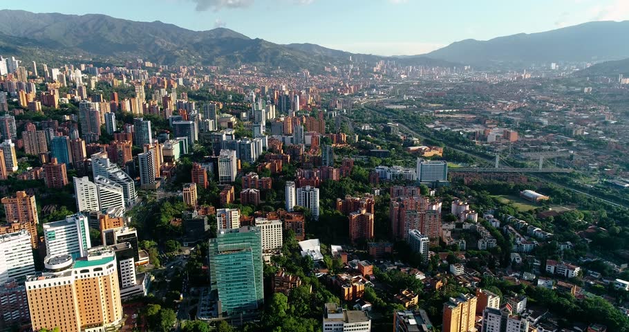 Drone aerial distant shot above Medellin city, Colombia.