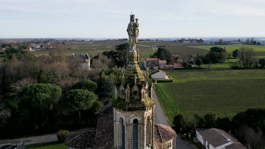 Drone view of Notre-Dame Church in Bayon-sur-Gironde, France