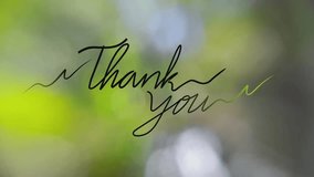 HD seamless looping animation of thank you text on blurred bokeh lights background. light green, white, and grey colors