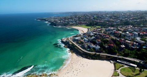 Aerial Drone Shot of Suburban Beach Coastline In Sydney Australia, Tamarama, Bronte Beach, Eastern Suburbs