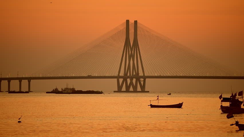Mumbai Bandra Worli Sea Link bridge at sunset in winter.