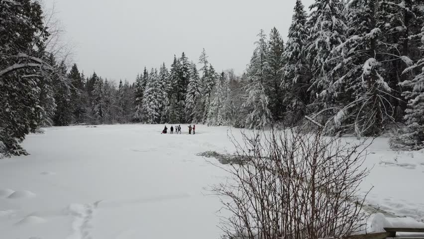 A view to the frozen lake in the Mundy park, Coquitlam, BC, Canada with the unrecognizable kids playing hockey on ice, a snowstorm covered forest in snow, the aerial shot
