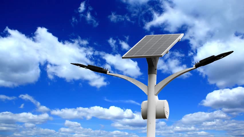 Lantern with solar panel on sky background. The concept of alternative energy sources.led lighting of road are saving energy conception some time led use for lighting solar cell out door Royalty-Free Stock Footage #3419963959