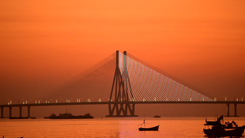 Mumbai Bandra Worli Sea Link bridge at sunset.
