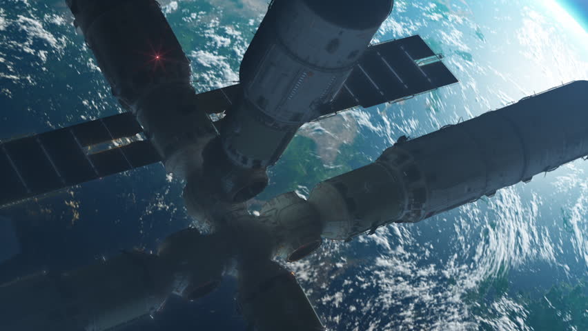 The space station is flying in space against the background of an planets