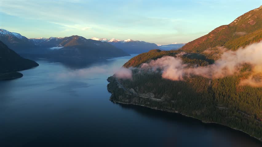 Aerial View on Sea to Sky Highway, Howe Sounds and fjords Royalty-Free Stock Footage #3420015729