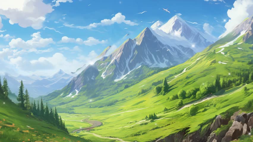 Anime animate background, mountain landscape with grass, mountain landscape in the mountains, mountain landscape in summer Royalty-Free Stock Footage #3420030569