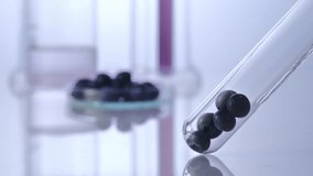 The blueberries inside a transparent test tube, purified water is filled into it. Laboratory space. Product research and development concept with fresh fruit.