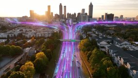 Animated glowing fiber optic streams over highway showing global internet connectivity in USA city during sunset. 3D render over Atlanta cityscape. - Powered by Shutterstock - Get 15% off with code: PIKWIZARD15