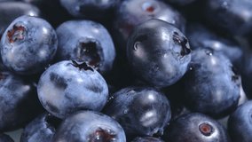 Close-up of plump, powdery blueberries. Fresh fruit is placed on a rotating table. Use footage for advertising. Concept of fresh fruit rich in antioxidants.