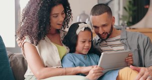 Mom, dad and child on sofa with tablet, smile and bonding together in home with online game, movie or video. Happy family with father, mother and daughter on couch, relax and streaming on digital app