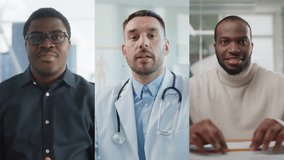 Split Screen Collage of Diverse People Talking, Doing Business Conference Video Call. Multiethnic Professional, Entrepreneur, Physician talking with Clients, Patients and Partners. Remote Work