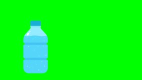 Plastic or glass bottle of clean drinking water with a lid. Transparent bottle with rising liquid bubbles. Water, liquid, blue liquid in a bottle on a green background. Green screen. Alpha channel