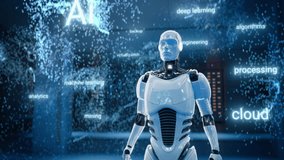 Artificial Intelligence Robot Activates Future AI with a Dynamic Touch Gesture. Humanoid Works with Internet Information, Cloud Computing, Neural Big Data, Machine Learning Concept. 3D VFX Concept - Powered by Shutterstock - Get 15% off with code: PIKWIZARD15