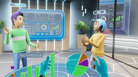 Corporate Business Meeting in 3D Virtual Reality Office. POV with Controllers and Two Animated Avatar Colleagues Doing Big Data and Marketing Sales Growth Analysis. VR Interactive Metaverse Space - Powered by Shutterstock - Get 15% off with code: PIKWIZARD15