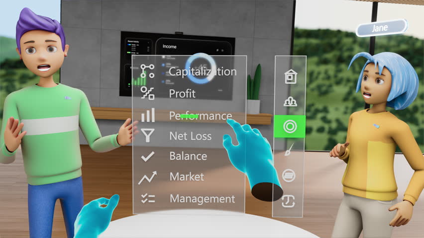 Corporate Business Meeting in 3D Virtual Reality Office. POV with Controllers and Two Animated Avatar Colleagues Doing Big Data and Marketing Sales Growth Analysis. VR Interactive Metaverse Space - Powered by Shutterstock - Get 15% off with code: PIKWIZARD15