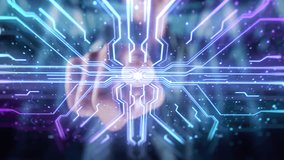 Pushing Activation Button Concept. Start of Digitalization and Visualization: Anonymous Human Finger Turns on Touch Screen Activates Technology. AI, Machine Learning, Big Data Concept, Cloud Computing - Powered by Shutterstock - Get 15% off with code: PIKWIZARD15