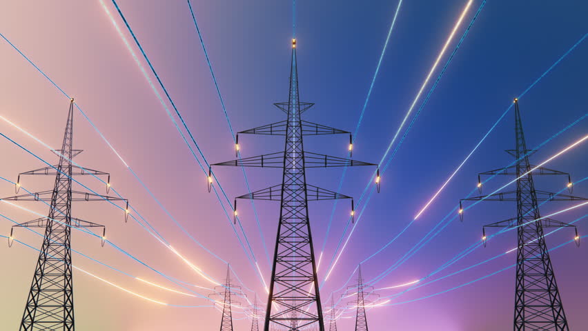 Power Transmission Lines with 3D Digital Visualization of Electricity. Blue Skay and Clean Unpolluted Air for the Future. Concept of Renewable Green Clean Energy Leading to Bright Future and Optimism