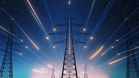 Power Transmission Lines with 3D Digital Visualization of Electricity. Fantastiuc Visuals of Night Sky Full of Bright Stars. Concept of Renewable Green Energy Powering Human Progress Everywhere - Powered by Shutterstock - Get 15% off with code: PIKWIZARD15