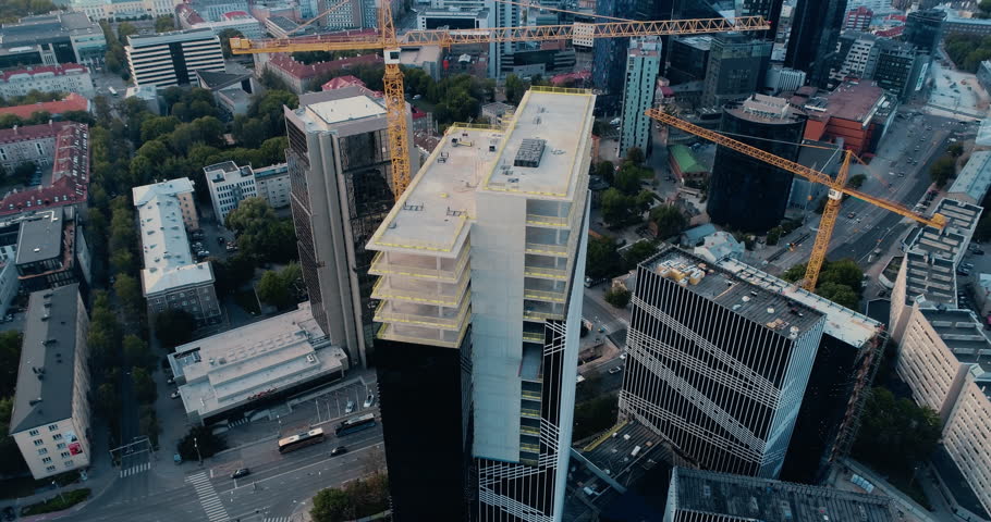 Aerial Drone Shot of Building Construction Finished with VFX: City Real Estate Development Site Transforms with Analytical 3D Graphics Project. Visualization, Digitalization of Urban Design Progress Royalty-Free Stock Footage #3420205173