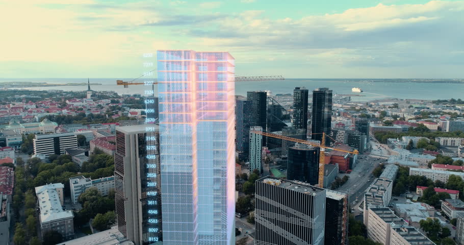 Aerial Drone Shot of Building Construction Finished with VFX: City Real Estate Development Site Transforms with Hight-Tech 3D Graphics Big Data Analytics. Visualization Urban Design Progress