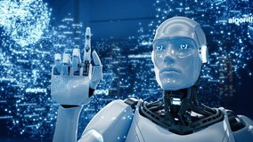 Artificial Intelligence Full Size Robot Working on Deep Machine Learning. Futuristic Humanoid Virtual Generative AI Assistant Works with Information, using Cloud Computing Services and Neural Big Data - Powered by Shutterstock - Get 15% off with code: PIKWIZARD15