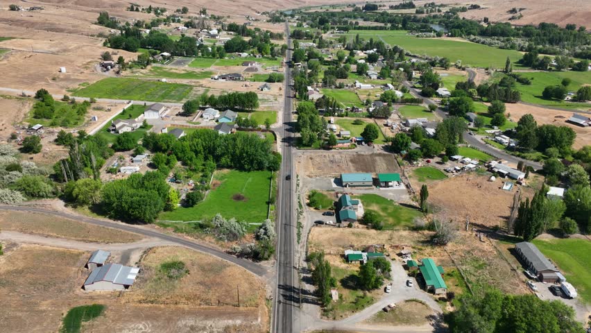 Drone shot of a rural American town in Washington State.