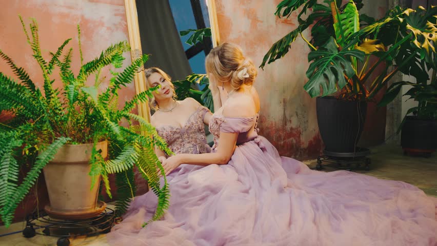 Fairy queen looks at reflection in mirror old style hand touching blond hair. beauty Princess girl sitting in royal lush long skirt evening gown purple dress. Sexy Fantasy woman back rear view art 4k