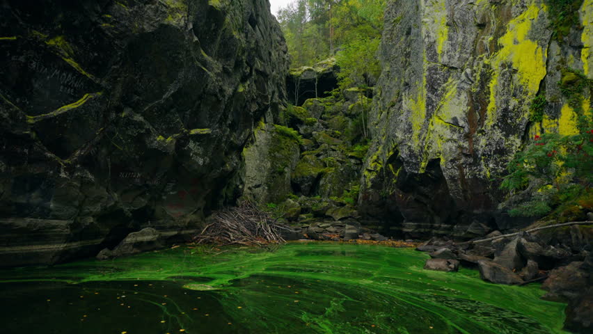 Traveling In National Reserve By Boat, Unique Rocks On Shore, Algal Bloom On Water Surface