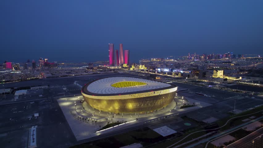 Qatar Football Stadium at Blue Hour Royalty-Free Stock Footage #3420381867