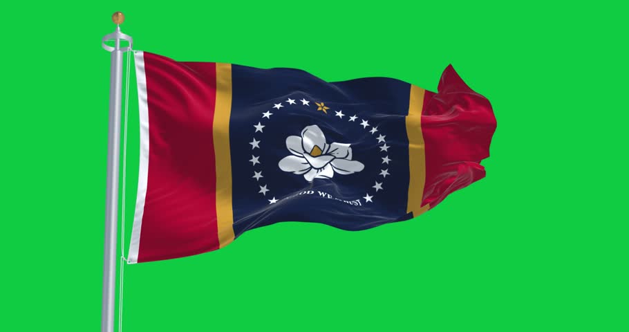 Mississippi state flag waving isolated on green background. Seamless 3D render animation. Chroma key. Slow motion loop. Green screen. 4K
