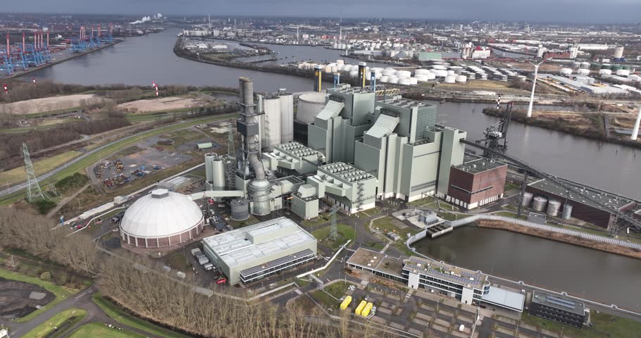 Birds eye aerial drone fuel of a fossil coal fired power plant. Hamburg, Germany.