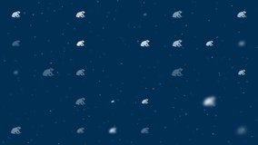 Template animation of evenly spaced funny frogs of different sizes and opacity. Animation of transparency and size. Seamless looped 4k animation on dark blue background with stars