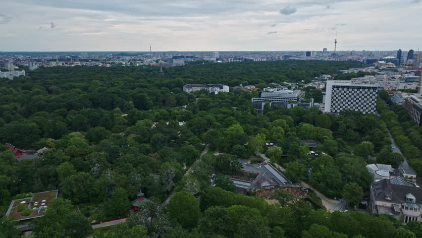 Aerial Drone shot of Berlin Zoological Garden  ( Zoologischer Garten Berlin )  Charlottenburg district , Berlin , Germany
