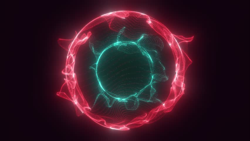 An abstract futuristic red electric sphere with a green core, Abstract circle with smooth flowing particles, Magic ball, Abstract background, 4k, 60fps video loop. 