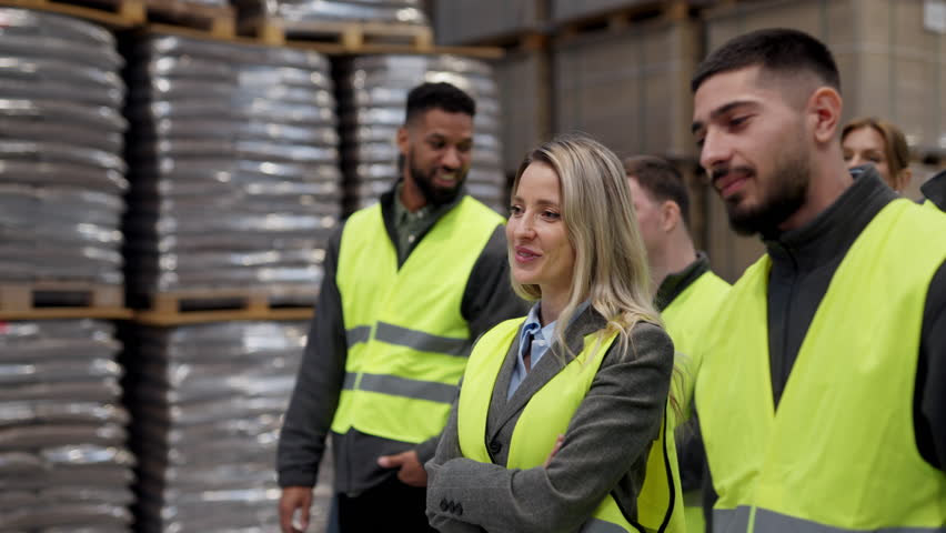 Full team of warehouse employees walking in warehouse. Team of workers, managers, female director in modern industrial factory, heavy industry, manufactrury. Royalty-Free Stock Footage #3420561565