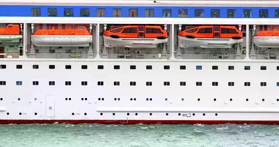 Cruise ship detail and life boats. Royalty-Free Stock Footage #3420563201