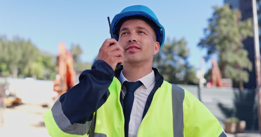 Walkie talkie, engineer and man with communication, construction site or inspection with helmet. Architecture, person or employee with a hard hat, radio or project management with building contractor Royalty-Free Stock Footage #3420593583
