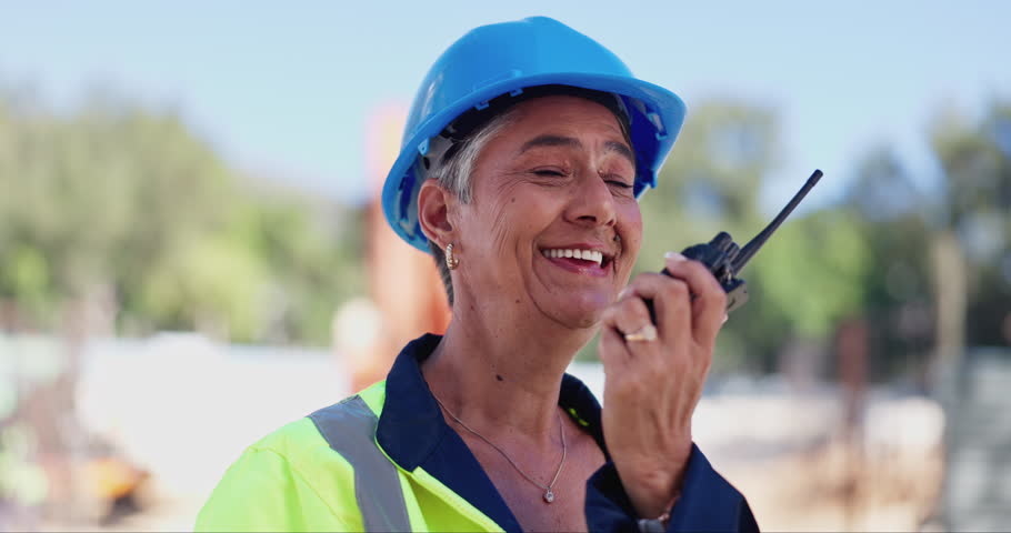 Walkie talkie, engineer and woman with communication, inspection or building contractor with helmet. Architecture, person or worker with hard hat, radio or project management with property renovation Royalty-Free Stock Footage #3420612183