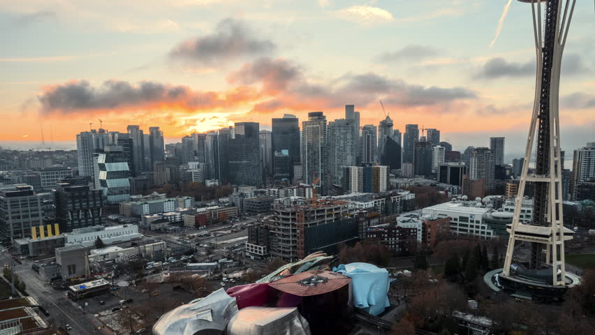 Seattle Sunrise Aerial Hyperlapse of Construction Crane on City Building